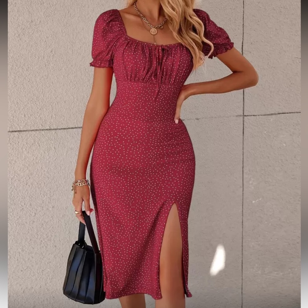 Burgundy Polka Dot Slit Midi Dress